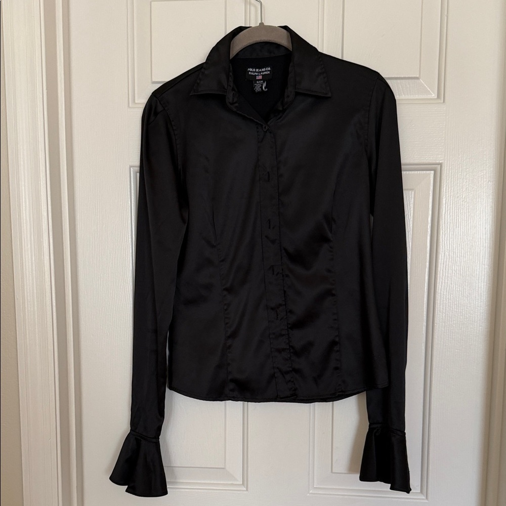 Polo by Ralph Lauren Black Satin Blouse with Flared Cuffs